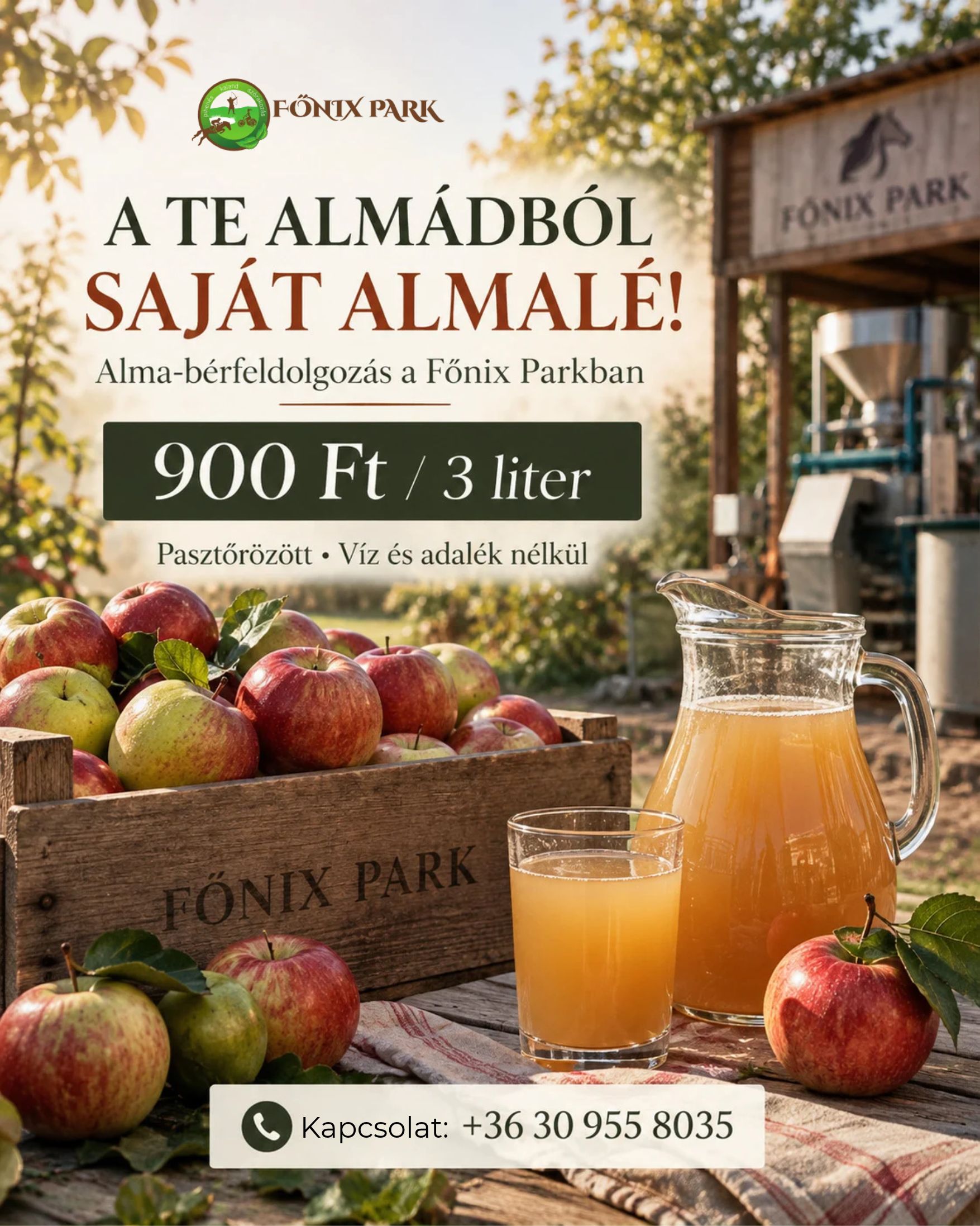 Főnix Park almalé-bérfeldolgozás: 900 Ft / 3 liter, pasztőrözött, víz és adalék nélkül.
